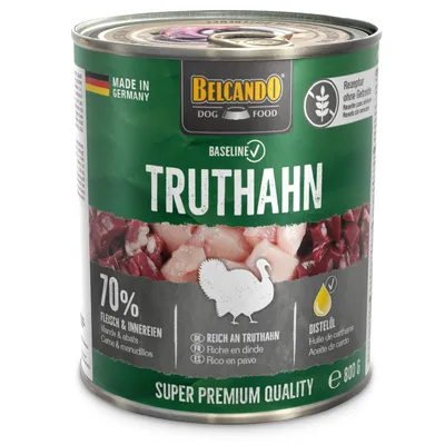 Belcando Dog Food turkey, Made in Germany, 70% meat and offal, grain-free recipe, safflower oil, Super Premium Quality, 800g can.