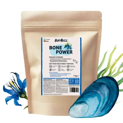 BugBell Bone Power cibo secco con proteine di insetti, supporta ossa e articolazioni, senza zuccheri aggiunti, senza coloranti artificiali, confezione da 7 kg.