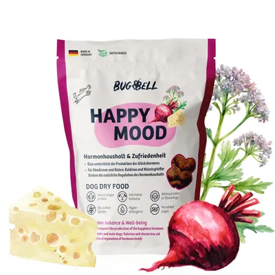 BugBell Happy Mood alimento secco per cani. Supporta equilibrio ormonale e benessere con valeriana, agnocasto e formaggio. Made in Germany, sostenibile, senza zucchero, senza glutine.