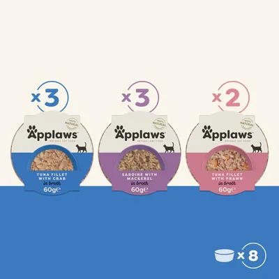 Pack contains 3 Tuna Fillet with Crab, 3 Sardine with Mackerel, and 2 Tuna Fillet with Prawn in broth, each 60g, total of 8 portions.