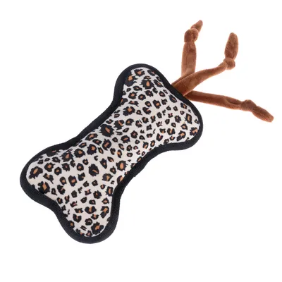 Juguete con forma de hueso, estampado de leopardo y cintas de tela marrones, apto para juego interactivo.