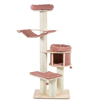 Kratzbaum mit mehreren Ebenen, rosa gepolsterte Liegeflächen, Hängematte und Höhle. Sisal umwickelte Säulen auf Holzsockel.