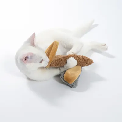 Gato blanco juega con un juguete de peluche en colores marrón, gris y amarillo.