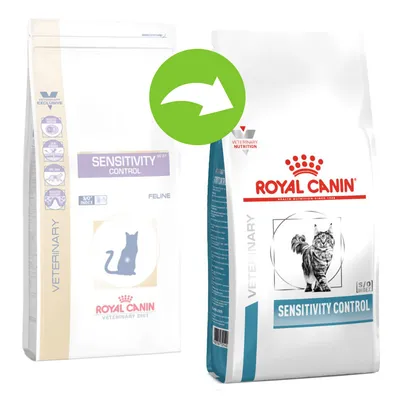 Royal Canin Sensitivity Control -kissanruokapakkausten uudistus: vanha ja uusi pakkaus vierekkäin, vihreä nuoli osoittaa muutosta. Molemmissa teksti SENSITIVITY CONTROL.