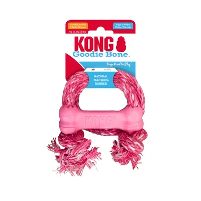 KONG Goodie Bone X-Small pour chiots jusqu’à 2 kg, jouet en caoutchouc naturel à mâcher avec corde rose, texte visible : Natural Teething Rubber.