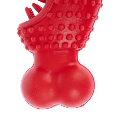 Rødt hundelegetøj af gummi med nopret struktur og to runde ender, egnet til at tygge og lege.