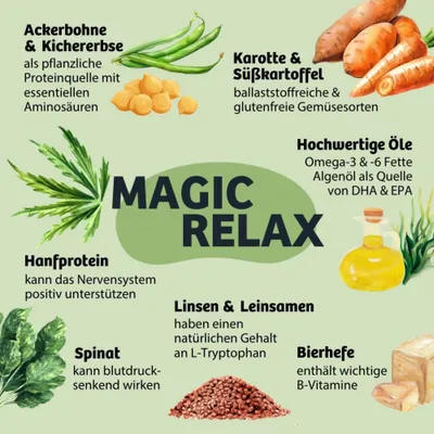 MAGIC RELAX: Ackerbohne & Kichererbse, Karotte & Süßkartoffel, Hanfprotein, Spinat, Linsen & Leinsamen, hochwertige Öle, Bierhefe mit jeweiligen Vorteilen beschrieben. MAGIC RELAX: Ackerbohne & Kichererbse, Karotte & Süßkartoffel, Hanfprotein, Spinat, Linsen & Leinsamen, hochwertige Öle, Bierhefe mit jeweiligen Vorteilen beschrieben.