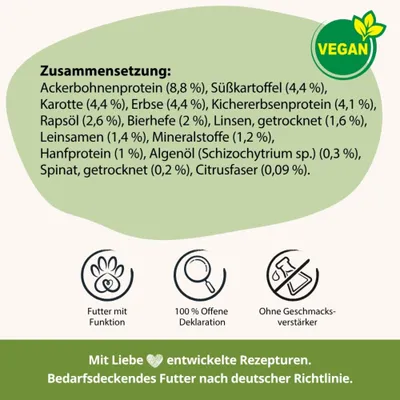 Zusammensetzung: Ackerbohnenprotein, Süßkartoffel, Karotte, Erbse, Kichererbsenprotein, Rapsöl, Bierhefe, Linsen, Leinsamen, Mineralstoffe, Hanfprotein, Algenöl, Spinat, Citrusfaser. Vegan. Zusammensetzung: Ackerbohnenprotein, Süßkartoffel, Karotte, Erbse, Kichererbsenprotein, Rapsöl, Bierhefe, Linsen, Leinsamen, Mineralstoffe, Hanfprotein, Algenöl, Spinat, Citrusfaser. Vegan.