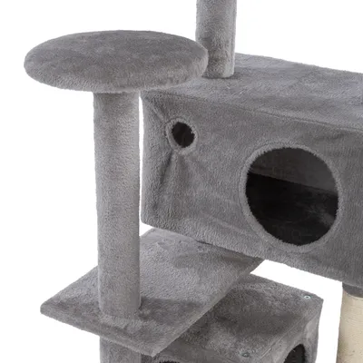 Grey scratching post with multiple levels, round platforms and caves made of soft fabric. Visible openings for access to the caves.