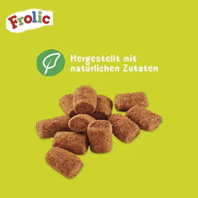 Frolic. Hergestellt mit natürlichen Zutaten. Abgebildet sind braune, runde Kroketten auf grünem Hintergrund.