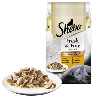Sheba Fresh & Fine in Sauce, variation à la volaille, au poulet, à la dinde. Sachet avec morceaux en sauce sur assiette et image de chat gris.