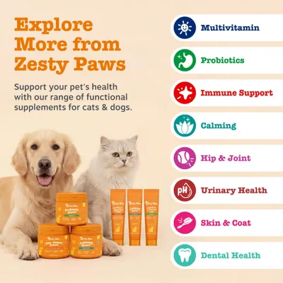 Zesty Paws kosttilskud til katte og hunde: Multivitamin, Probiotika, Immunsupport, Beroligende, Hofte & Led, Urinvejssundhed, Hud & Pels, Tandpleje. Zesty Paws kosttilskud til katte og hunde: Multivitamin, Probiotika, Immunsupport, Beroligende, Hofte & Led, Urinvejssundhed, Hud & Pels, Tandpleje.