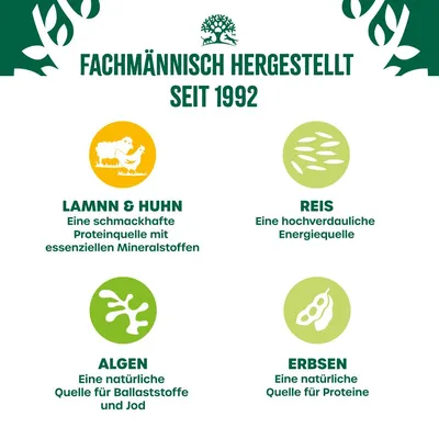 Fachmännisch hergestellt seit 1992. Zutaten: Lamm & Huhn, Reis, Algen und Erbsen mit Angaben zu Protein, Mineralstoffen, Ballaststoffen, Jod und Energiequelle.