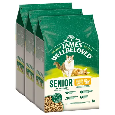 James Wellbeloved Senior Rich in Turkey macskaeledel, 4 kg-os csomag, 3 db. Látható: zöld-fehér csomagolás, macskák képe, „7+ years”, „hypoallergenic”, „no wheat” feliratok.