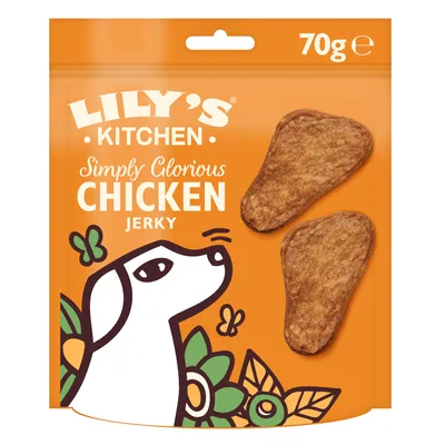 Lily's Kitchen Simply Glorious Chicken Jerky, 70g. Pack with two chicken jerky pieces and illustrated dog design.