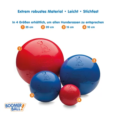 Boomer Ball, balle pour chien en plastique, disponible en 4 tailles : 25 cm, 20 cm, 15 cm, 10 cm. Texte en allemand : matériau très robuste, léger, résistant aux perforations.