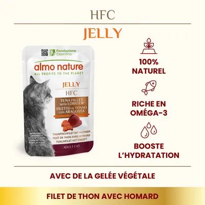 almo nature HFC Jelly filet de thon avec homard pour chat adulte, 100 % naturel, riche en oméga-3, booste l’hydratation, avec de la gelée végétale. Texte multilingue sur l’emballage.