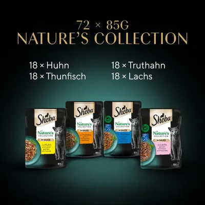 Sheba Nature's Collection, 72 x 85g. Sorten: 18x Huhn, 18x Thunfisch, 18x Truthahn, 18x Lachs. Verpackung mit Katzenmotiv und Zutatenabbildungen.