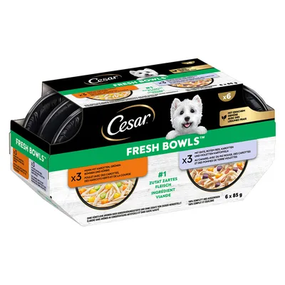 Cesar Fresh Bowls, 6x85 г. Состав: курица с морковью, зелёной фасолью и тыквой, а также свёкла, морковь и фиолетовый картофель. Без искусственных ароматизаторов и консервантов.