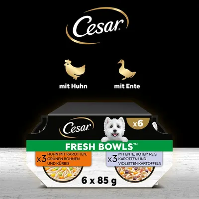 Cesar Fresh Bowls, 6 x 85 г. 3x курица с морковью, зелёной фасолью и тыквой. 3x утка с красным рисом, морковью и фиолетовым картофелем.