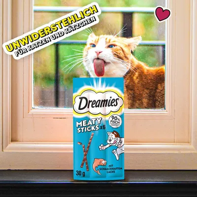 Dreamies Meaty Sticks x6, 30g, με νόστιμο σολομό, 90% ψάρι. Ακαταμάχητο για γάτες και γατάκια.