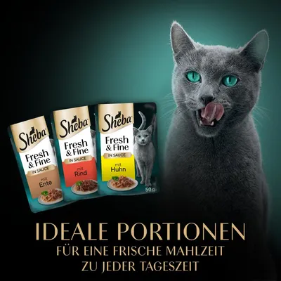 Sheba Fresh & Fine in Sauce mit Ente, Rind und Huhn. Ideale Portionen für eine frische Mahlzeit zu jeder Tageszeit.