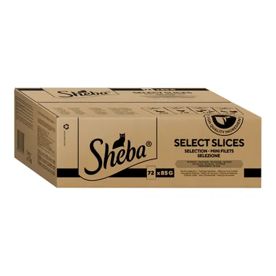 Sheba Select Slices, 72 x 85g, mini fileti v omaki. Visokokakovostne sestavine. Kartonska embalaža z reciklažnim simbolom.