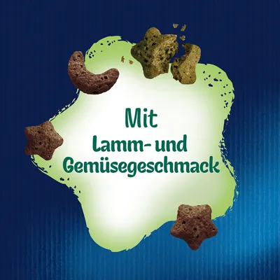 Mit Lamm- und Gemüsegeschmack. Gezeigt werden verschiedene Snackformen in Braun- und Grüntönen.