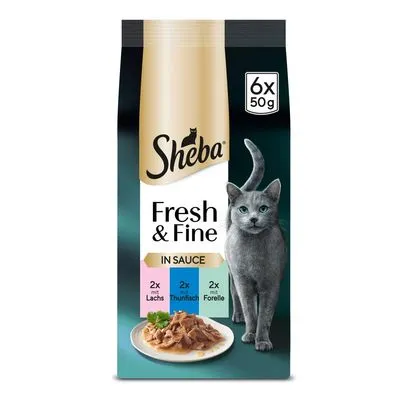 Sheba Fresh & Fine In Sauce, 6x50g. 2x mit Lachs, 2x Thunfisch, 2x mit Forelle. Billede af kat og tallerken med vådfoder i sauce på emballagen.