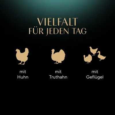 Vielfalt für jeden Tag: mit Huhn, mit Truthahn, mit Geflügel.