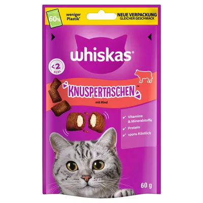 Whiskas Knuspertaschen mit Rind, 60g. Weniger Plastik: 60%. Vitamine & Mineralstoffe, Protein, 100% köstlich. Neue Verpackung, gleicher Geschmack. Unter 2 kcal pro Stück.