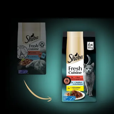 Опаковка Sheba Fresh Cuisine 6x50 г с котка, Taste of Paris, 2x с телешко, 2x с бяла риба, 2x с пилешки дробчета. Видими са логото на MSC и надписите на немски.