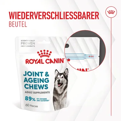 Royal Canin Joint & Ageing Chews für Erwachsene, wiederverschliessbarer Beutel, 60 Stück. 89% der Besitzer sind zufrieden. Wissenschaftlich bewährte Zutaten.