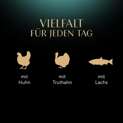 Vielfalt für jeden Tag: mit Huhn, mit Truthahn, mit Lachs.