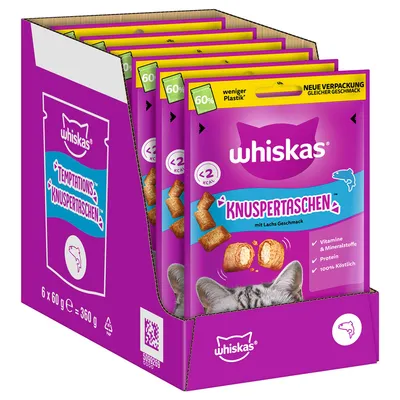 Whiskas Knuspertaschen mit Lachs Geschmack, weniger Plastik, <2 kcal pro Stück, Vitamine & Mineralstoffe, Protein, 100% köstlich. Packung: 6 x 60 g = 360 g.