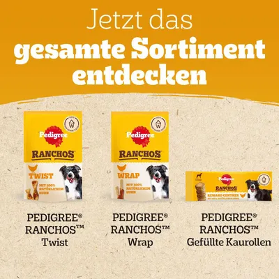 Pedigree Ranchos izbor: Twist, Wrap in polnjene žvečilne palčke s 100 % naravnim piščancem.