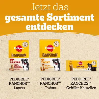 Trois sachets Pedigree Ranchos : Layers, Twists et Gefüllte Kaurollen. Texte en allemand : Jetzt das gesamte Sortiment entdecken. Marques et noms de produits visibles.