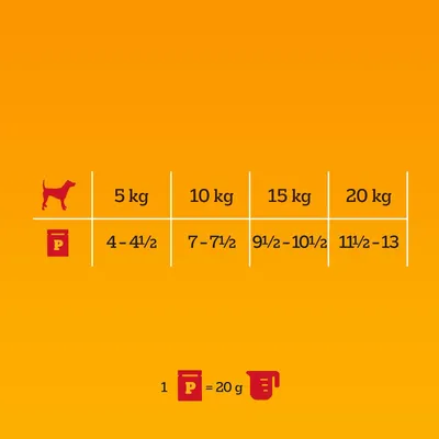 Conseils d’alimentation pour chiens : 5 kg 4–4½ portions, 10 kg 7–7½, 15 kg 9½–10½, 20 kg 11½–13. 1 portion = 20 g.
