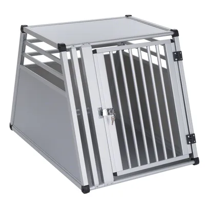 Transportbur i aluminium med gallerdörr, låsbar, trapetsformad design, lämplig för säker transport av husdjur.