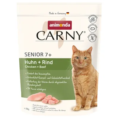 animonda Carny Senior 7+ Huhn + Rind, sachet de 350 g pour chat, texte en allemand sur les bienfaits, image d’un chat roux et morceaux de viande visibles sur l’emballage.