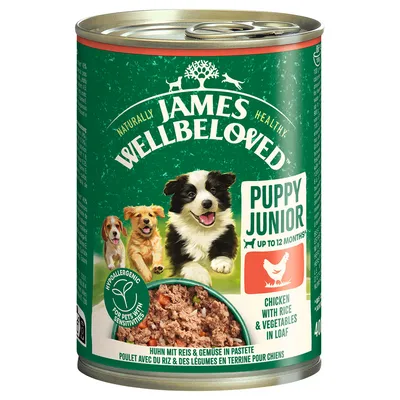 James Wellbeloved Puppy Junior up to 12 months, chicken with rice and vegetables in pâté, hypoallergenic for sensitive pets. 400g can.