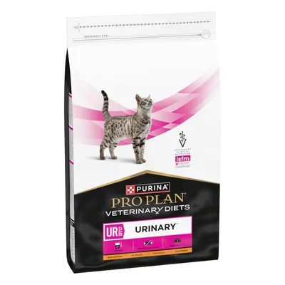 Purina Pro Plan Veterinary Diets Urinary kattmat med kyckling, stödjer urinvägshälsan. ISFM-certifierad, förpackning med rosa och svarta accenter.