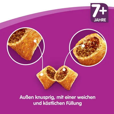 Prikaz punjenih jastučića, tekst na njemačkom: 'Außen knusprig, mit einer weichen und köstlichen Füllung', oznaka 7+ Jahre u gornjem desnom kutu.