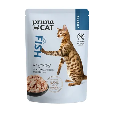 Prima Cat Classic z rybą w sosie, bez zbóż, bez dodatku cukru. Zawiera 88% składników pochodzenia zwierzęcego w filecie.