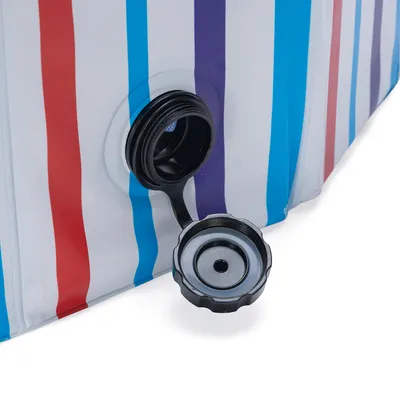Close-up of a black screw cap on a container with a red, blue and violet striped design.
