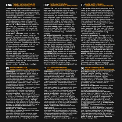Informação em português: Peru com vegetais, alimento completo para cães adultos. Ingredientes, constituintes analíticos, aditivos nutricionais e modo de emprego detalhados na embalagem.