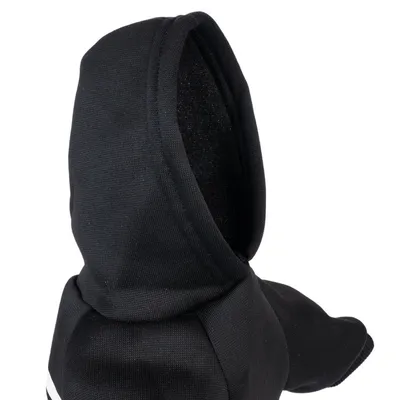 Schwarzer Kapuzenpullover für Haustiere, Detailansicht der Kapuze und Ärmel.