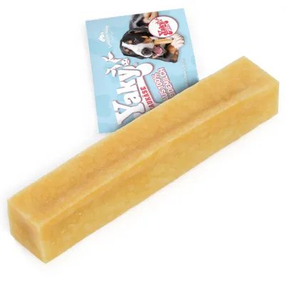 Yaky queijo de leite de iaque 100%, snacks naturais para cães. Embalagem mostra cão com queijo para roer.