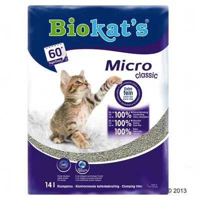 Biokat's Micro classic kissanhiekka, 14 l. Extra fein, jopa 60 päivää, pölytön, luonnollinen, 100 % hajunsidonta. Pakkauksessa kuva kissasta ja hiekasta.
