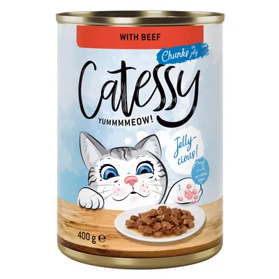 Catessy Chunks in Jelly med nötkött, 400g burk. Utan tillsatt socker. Illustration av en katt och serverad kattmat på tallrik.